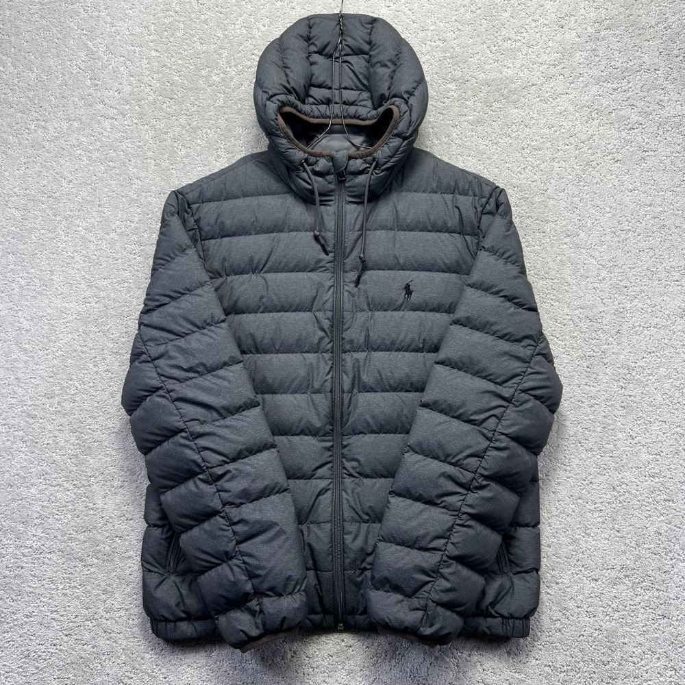 Polo Ralph Lauren Puffer Jacket Mens Medium Charcoal Grey Quilted Down Hooded